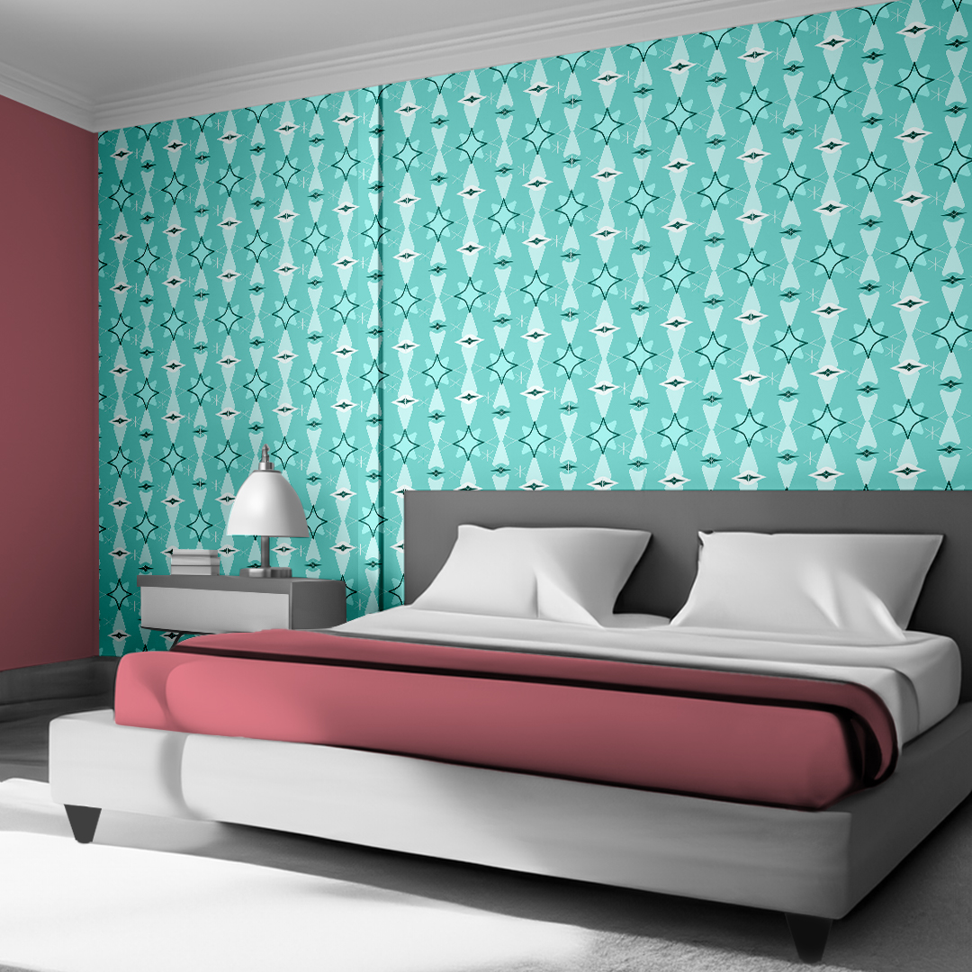 The artwork features a repeating geometric pattern of symmetrical shapes resembling elongated, curved diamonds or petals in various shades of blue and green. Each shape is split vertically with one half filled with a light blue and the other half filled with green or darker blue. The background is a light, almost pastel blue, which provides a soft yet vibrant backdrop. One of the blue shapes near the upper left contains a white starburst element, adding a focal point of brightness to the composition. The overall design conveys a modern, mid-century aesthetic with clean lines and harmonious color contrasts.